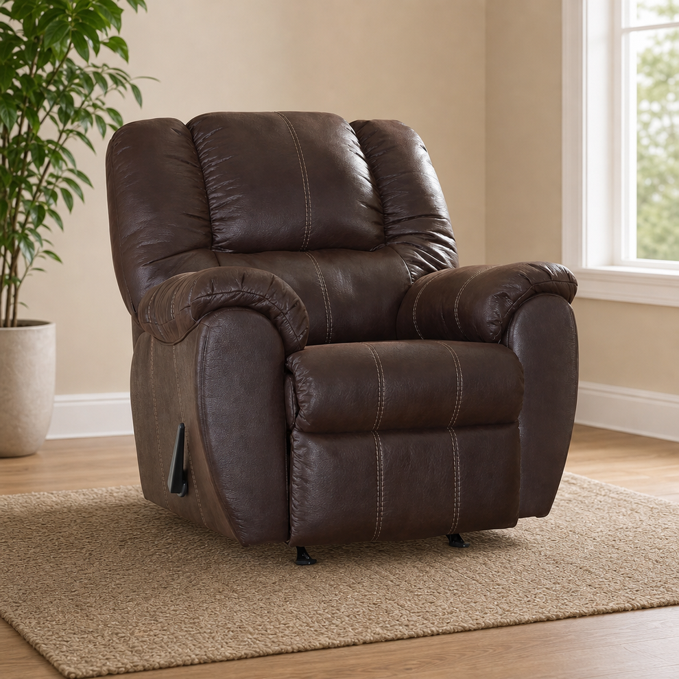 41-inch Faux Leather Rocker Recliner Chair — Brown, Manual One-Pull Recline centered in a warm neutral furnished room