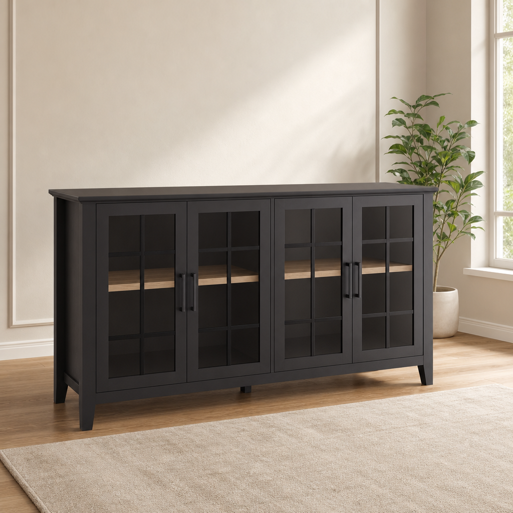 Black buffet cabinet with four glass-paneled doors, angled front view in a neutral living room setting
