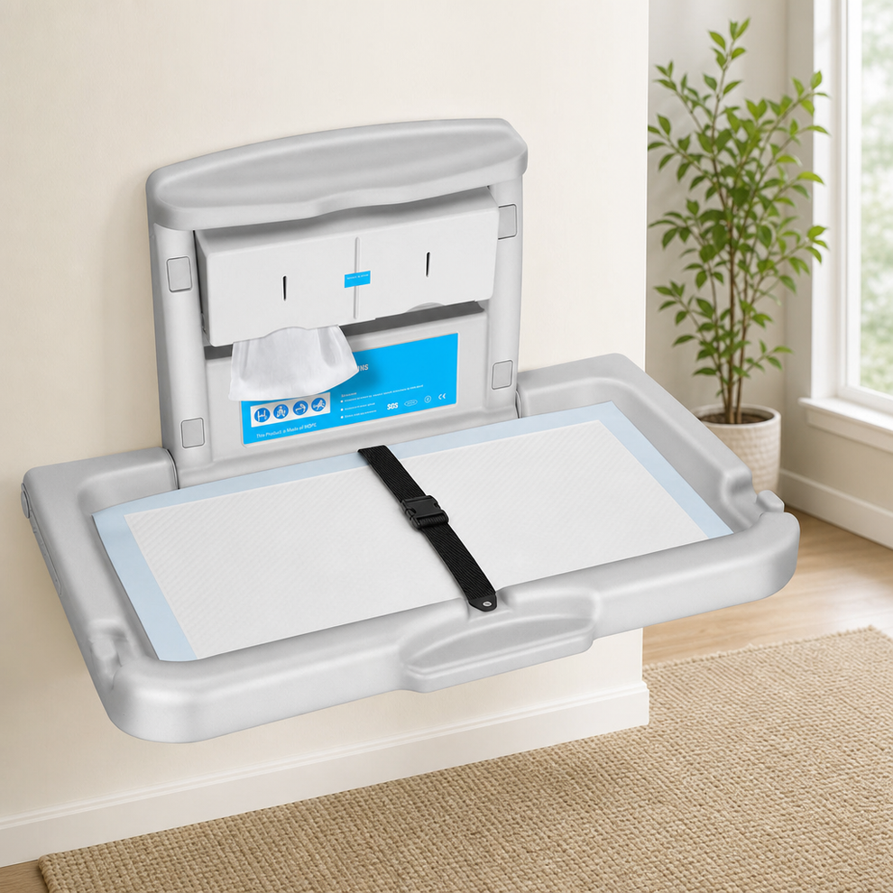 Commercial Baby Changing Station Wall Mounted centered in a warm neutral furnished room