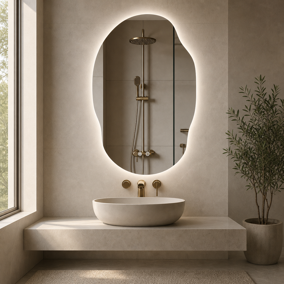 Organic-shaped LED backlit mirror above stone counter and round vessel sink, angled front view in a warm bathroom