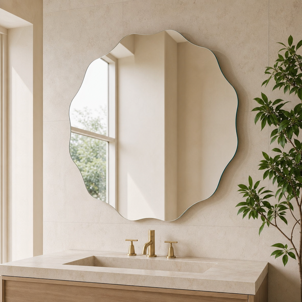 Scalloped Frameless Round Mirror — 3mm Tempered Glass, Polished Edge, Multiple Siz centered in a warm neutral furnished room
