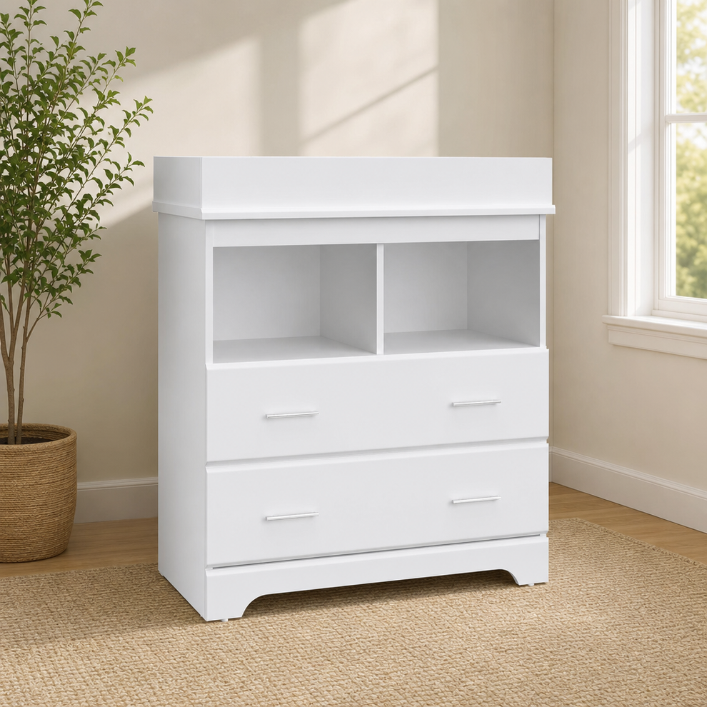 Storkcraft 2-Drawer Changing Chest with Removable Topper, White centered in a warm neutral furnished room
