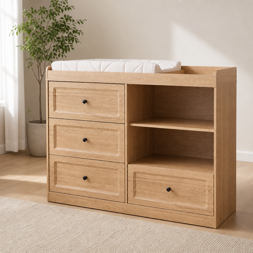 Baby Changing Table Dresser with 4 Drawers and 2 Shelves centered in a warm neutral furnished room
