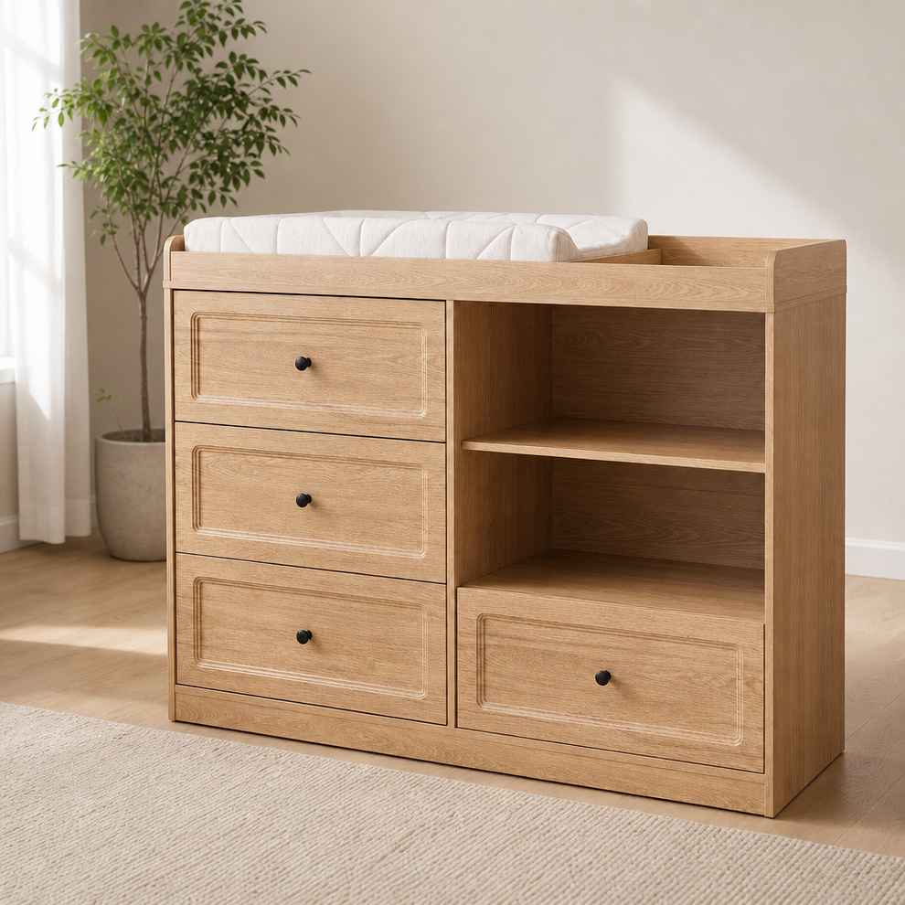 Baby Changing Table Dresser with 4 Drawers and 2 Shelves centered in a warm neutral furnished room