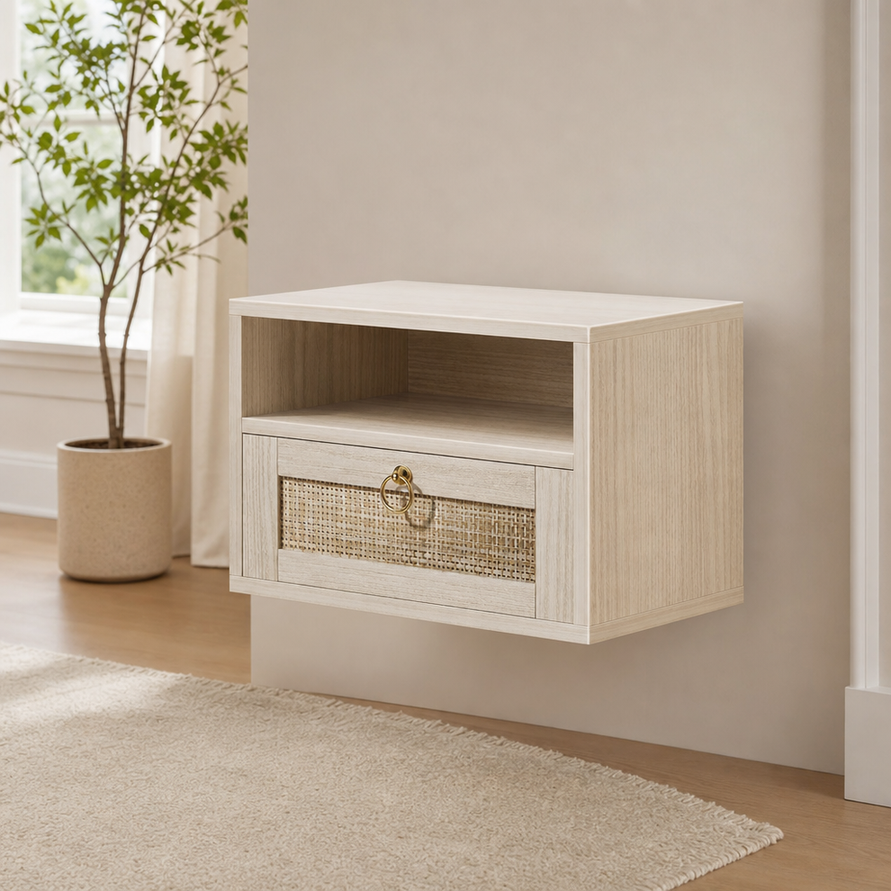 Floating Nightstand with Rattan Drawer, Wall-Mounted Bedside Table — Light Oak centered in a warm neutral furnished room