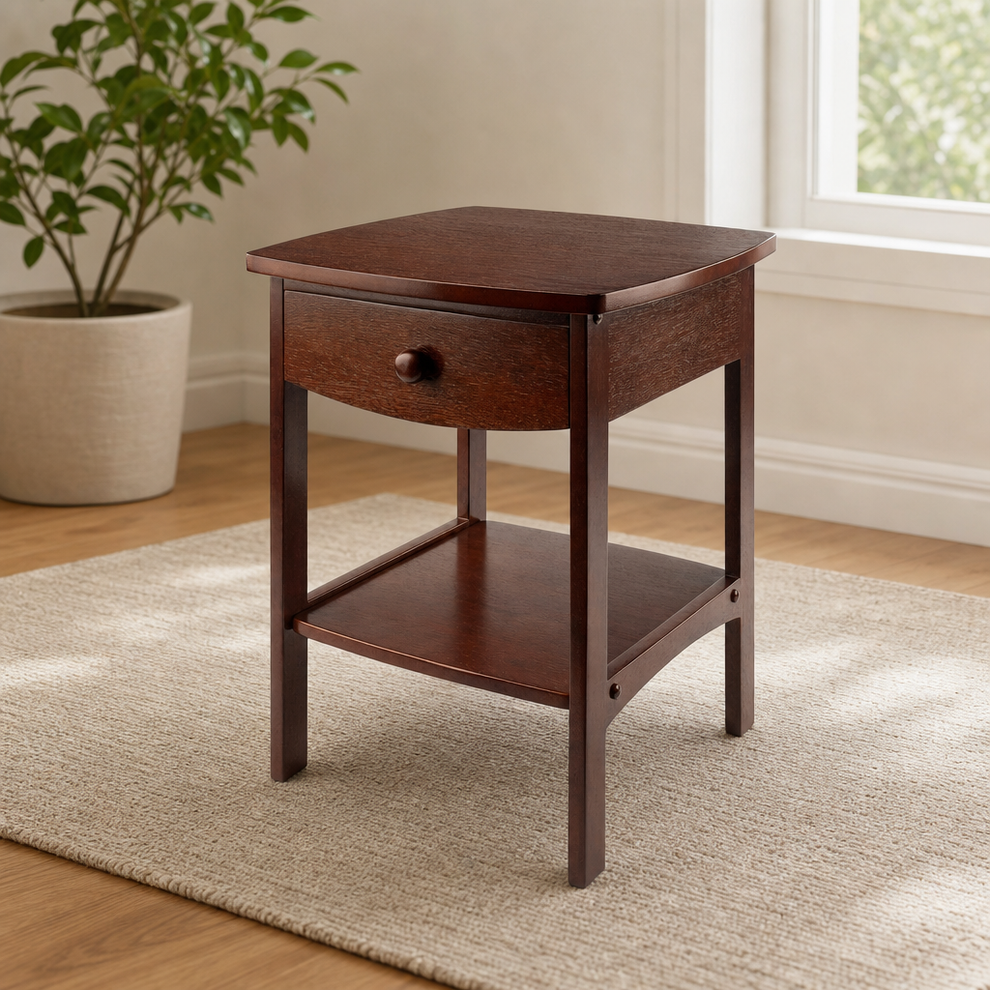 Winsome Wood End Table 22"H x 18"W with Drawer & Lower Shelf centered in a warm neutral furnished room