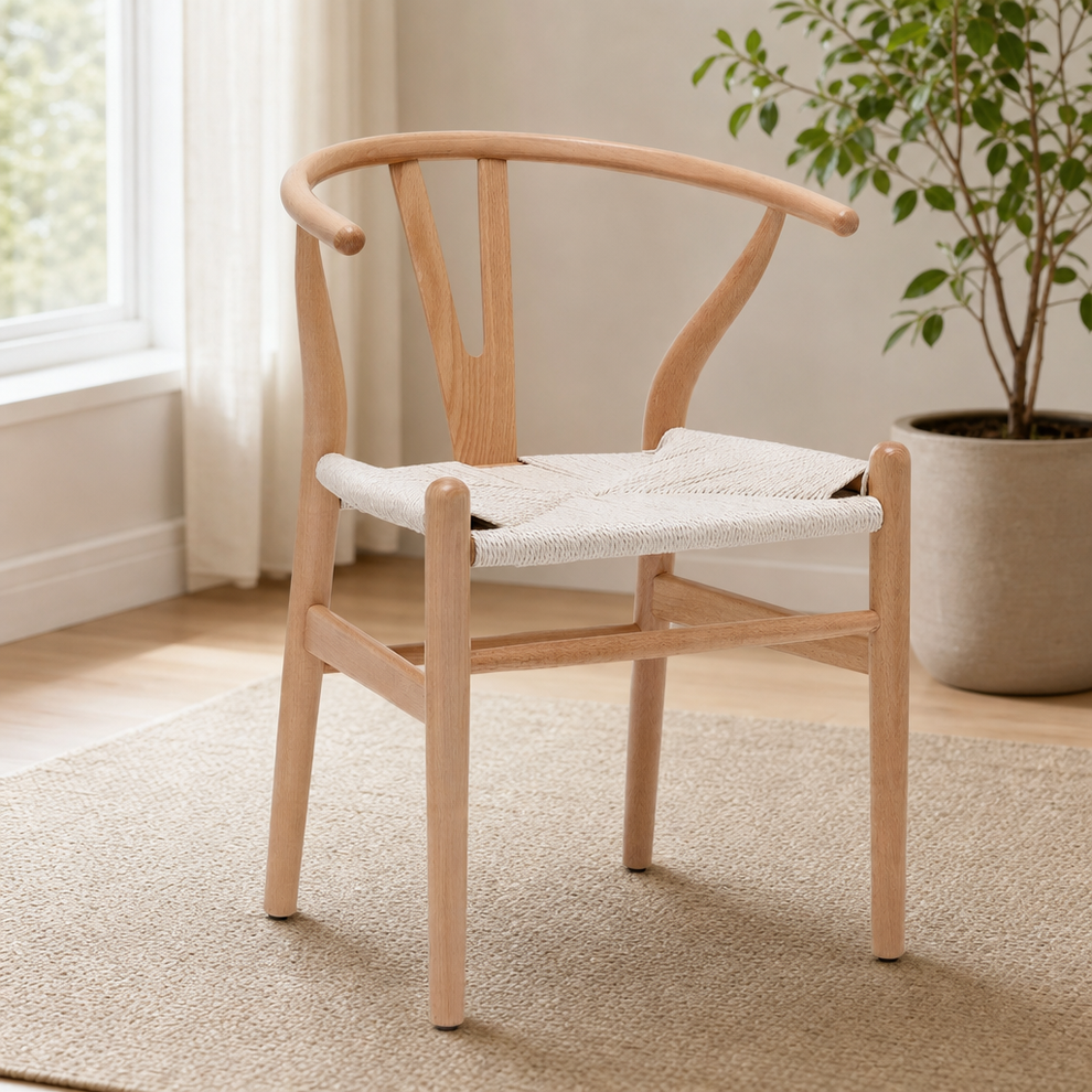 Solid Wood Weave Dining Chair with Arms, Hand‑Woven Seat — Oak, Single centered in a warm neutral furnished room