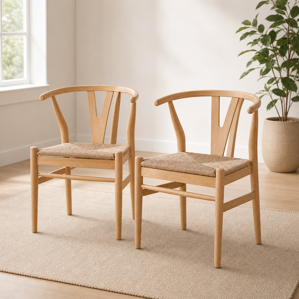 Dining Armchairs, Set of 2 — Rubberwood Frame & Hand-Woven Paper Rope Seats centered in a warm neutral furnished room