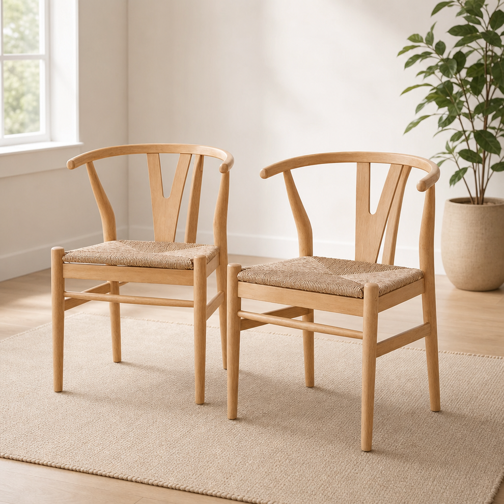 Dining Armchairs, Set of 2 — Rubberwood Frame & Hand-Woven Paper Rope Seats centered in a warm neutral furnished room