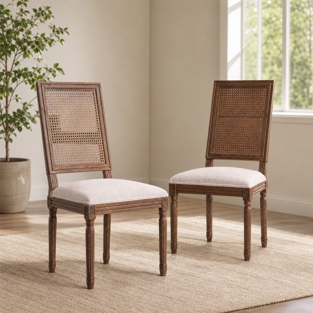 Christopher Knight Dining Chairs Set of 2 — Rubberwood Frame, Handwoven Cane Back, centered in a warm neutral furnished room