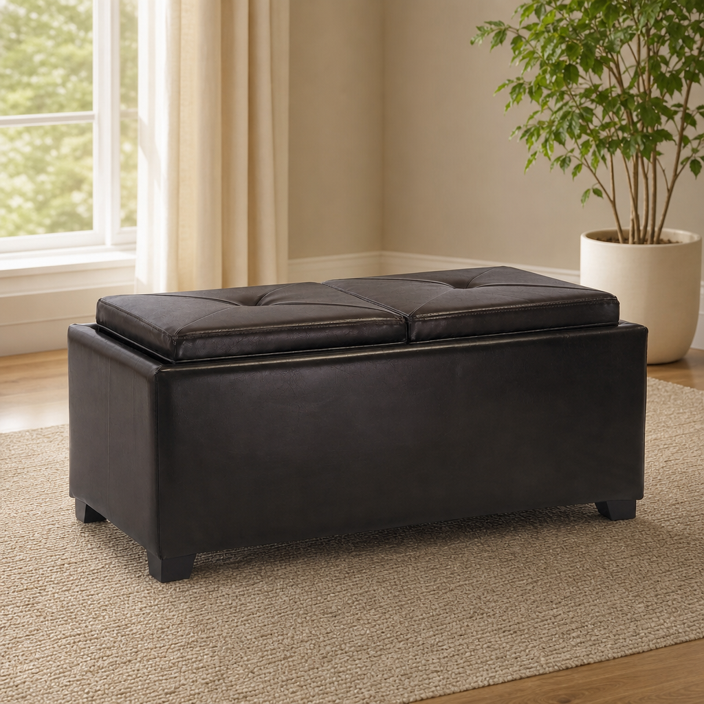 Storage Ottoman with Flip-Top Double Trays, Brown Bonded Leather, 38 x 19 x 17 in centered in a warm neutral furnished room