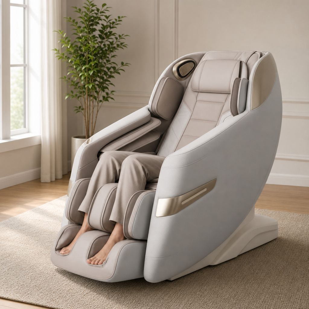 Massage Chair Quantum 3D — Voice Control, Zero Gravity & SL-Track Full-Body Massag centered in a warm neutral furnished room