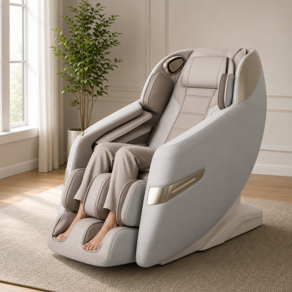 Massage Chair Quantum 3D — Voice Control, Zero Gravity & SL-Track Full-Body Massag centered in a warm neutral furnished room