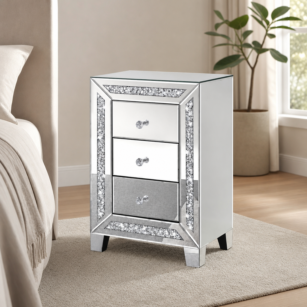 12 in D x 16 in W x 24 in H Mirrored MDF Nightstand with Crushed Diamond Trim, 3 D centered in a warm neutral furnished room