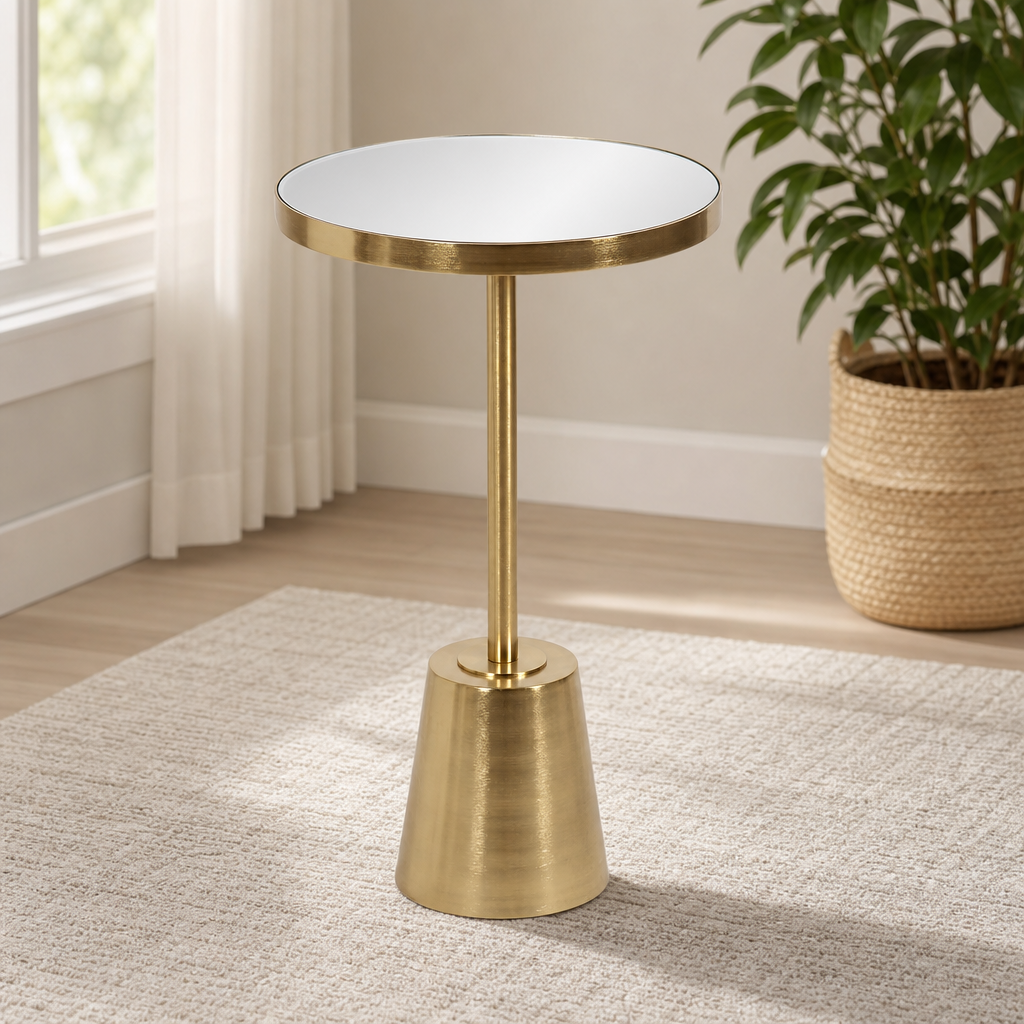 14" Mirrored Glass Side Table with Metal Base, Gold centered in a warm neutral furnished room