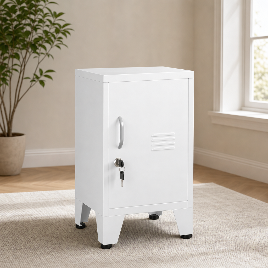 White steel single-door locker on legs, angled front view with keys in the lock in a room setting