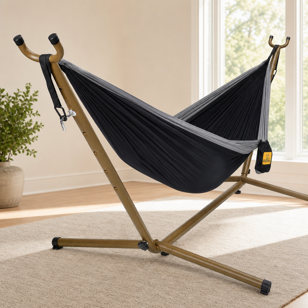 Adjustable Portable Hammock Stand — Steel Frame, 440 lb Capacity, Folds Compact centered in a warm neutral furnished room