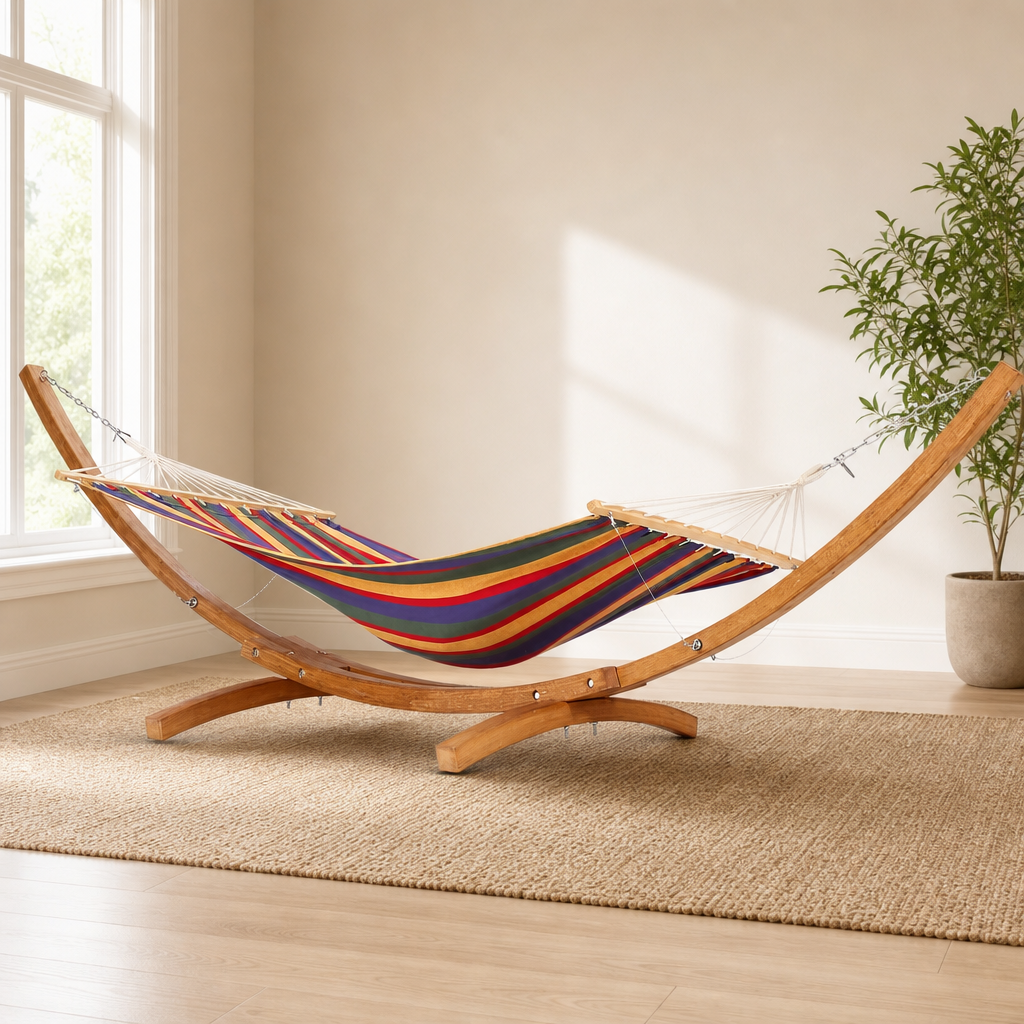 GarveeLife Wood Hammock Stand, Max 287 Lbs, Heavy Duty Weatherproof centered in a warm neutral furnished room