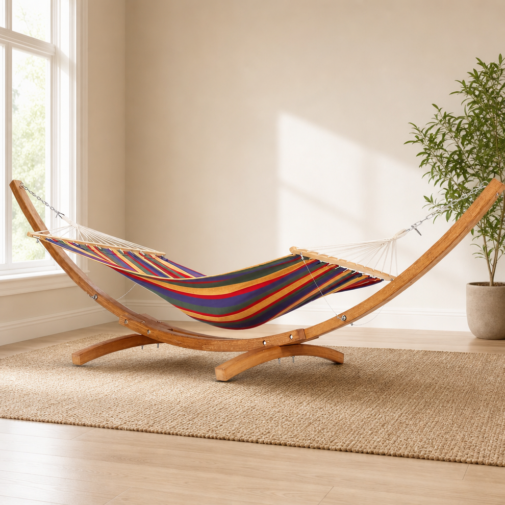 GarveeLife Wood Hammock Stand, Max 287 Lbs, Heavy Duty Weatherproof centered in a warm neutral furnished room