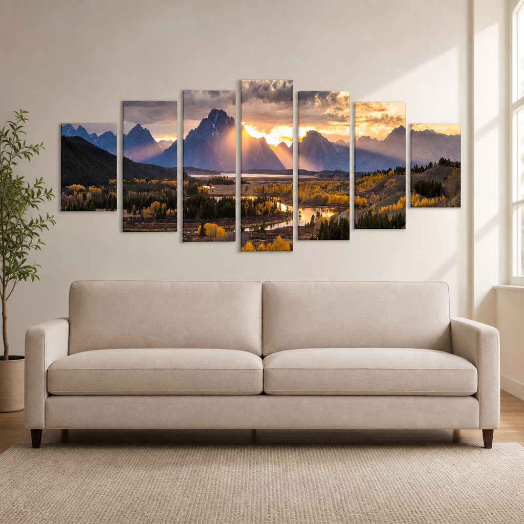 Canvas Wall Art 7-Piece Set — Grand Teton Autumn Landscape, 70 x 32 in centered in a warm neutral furnished room