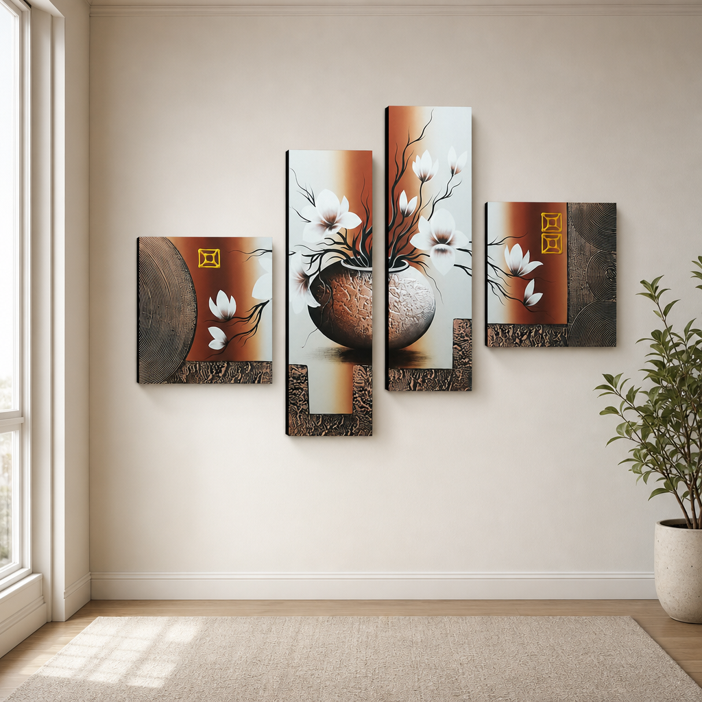 Hand-Painted 4-Panel Oil Canvas Wall Art, Floral, Stretched on Wooden Frames centered in a warm neutral furnished room