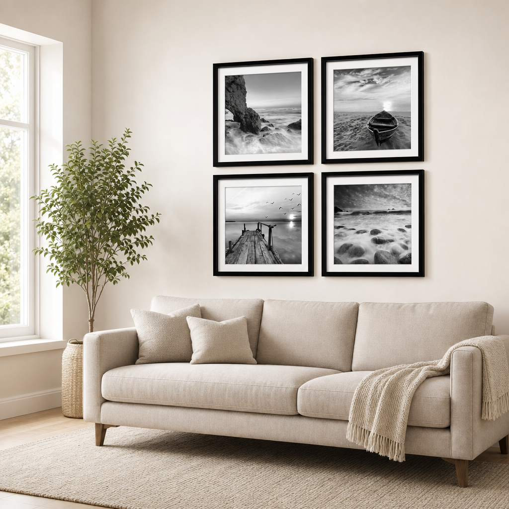 4-Piece Seascape Wall Art Set — Black-and-White Framed Prints, Ready to Hang centered in a warm neutral furnished room