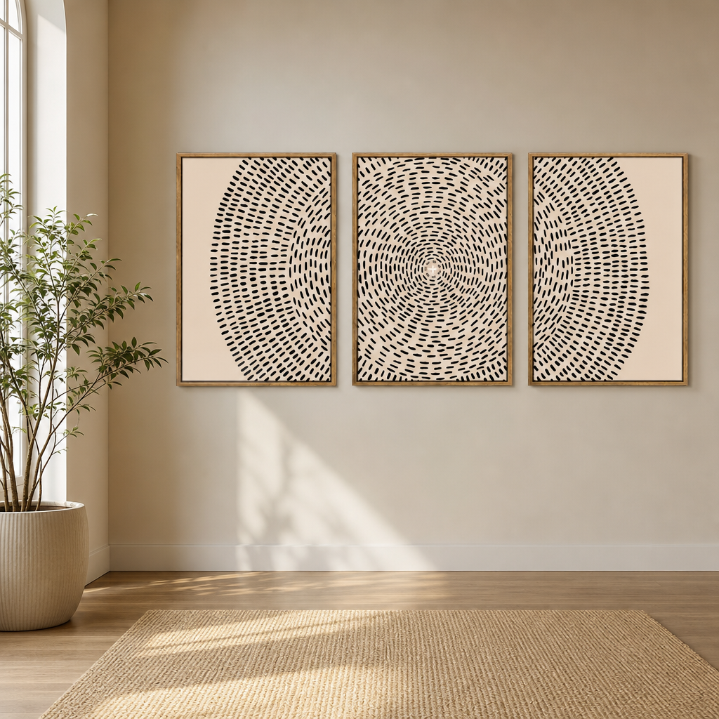 Three beige canvas panels with black dashed circular pattern in wood-tone frames above a rug and potted plant