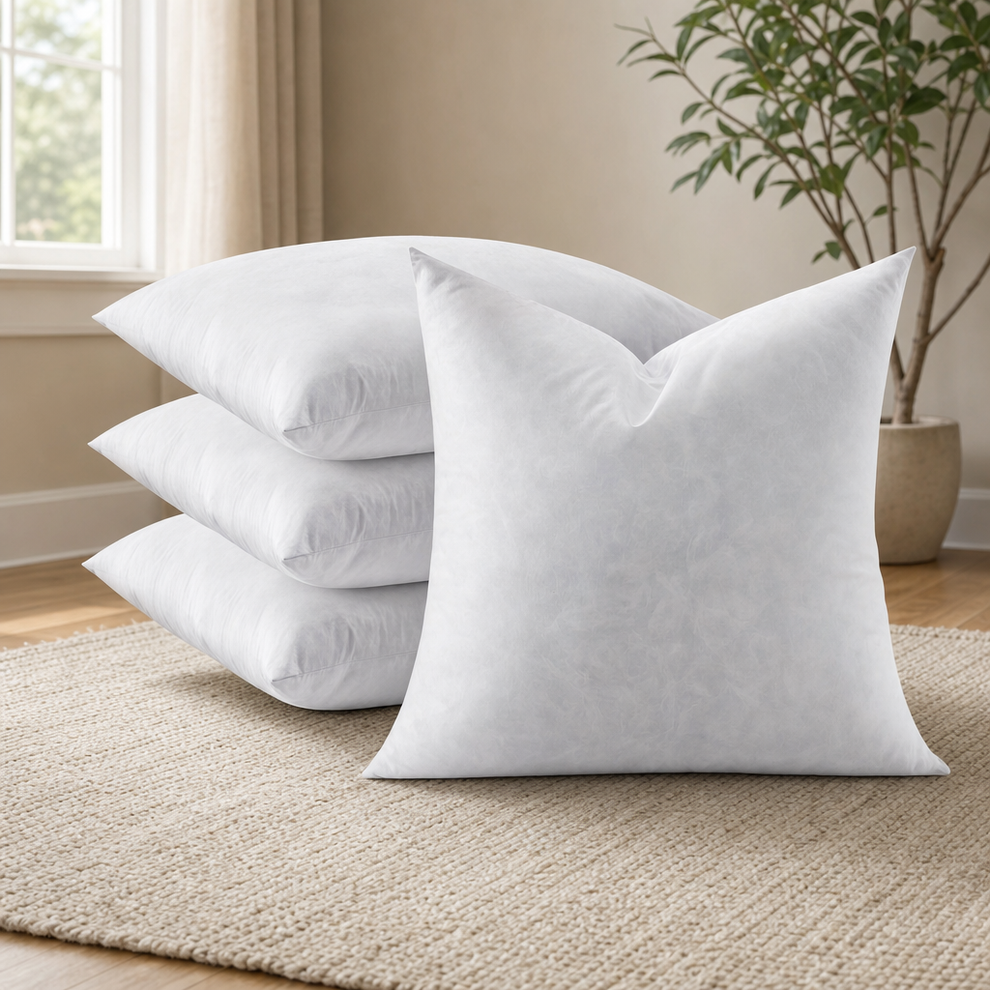 Feather Blend Throw Pillow Inserts, 20 x 20 in — Set of 4 centered in a warm neutral furnished room