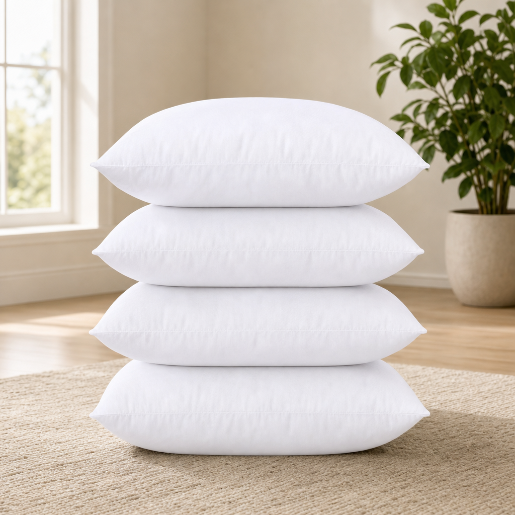 Throw Pillow Inserts Set of 4 — 18 x 18 in High-Rebound 7D Virgin Fiber centered in a warm neutral furnished room
