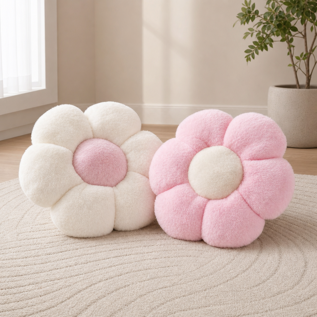 Flower Throw Pillow 2-Pack, 15-Inch Daisy Plush Decorative Cushions (Pink & White) centered in a warm neutral furnished room