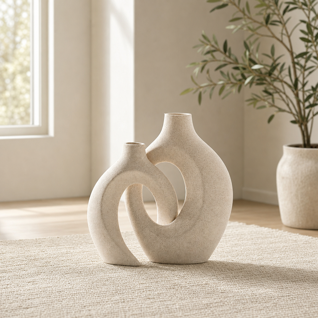 Ceramic Vase Set of 2 — Matte Beige Sculptural Vases centered in a warm neutral furnished room
