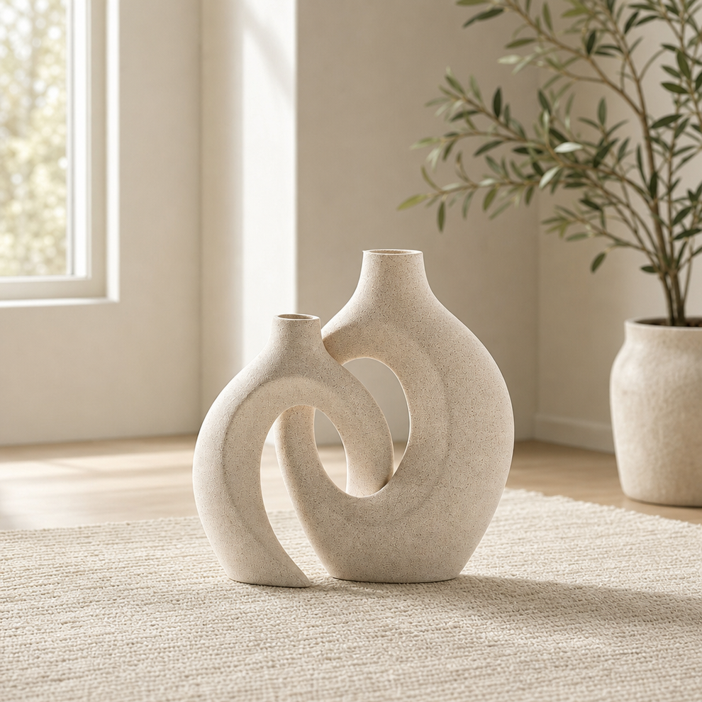 Ceramic Vase Set of 2 — Matte Beige Sculptural Vases centered in a warm neutral furnished room