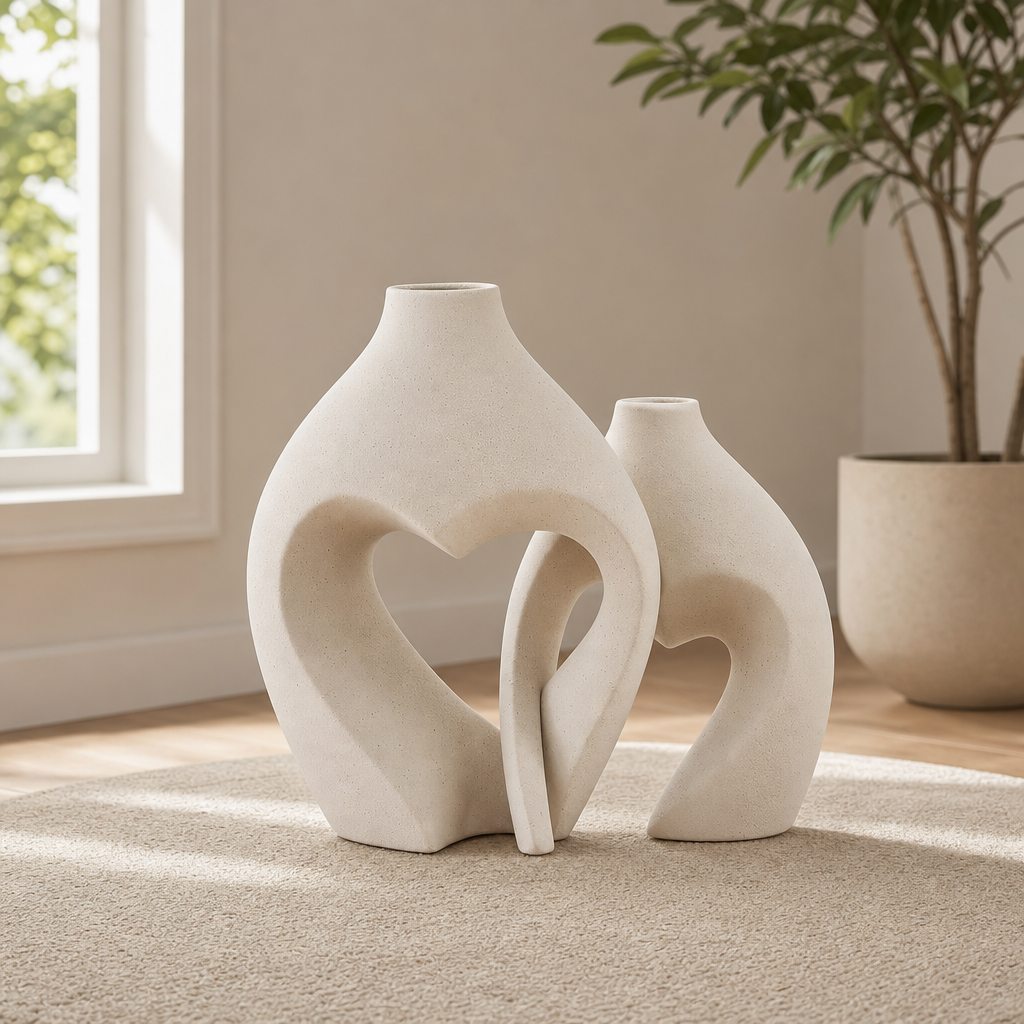 Heart-Shaped Ceramic Vase Set of 2 — Matte Sand-Glaze, Handcrafted centered in a warm neutral furnished room