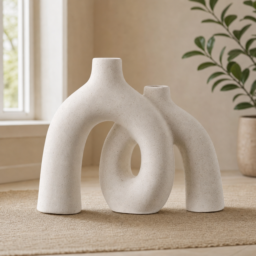Hug Donut Ceramic Vase — Hollow-Center Sculptural Accent, Cream White centered in a warm neutral furnished room