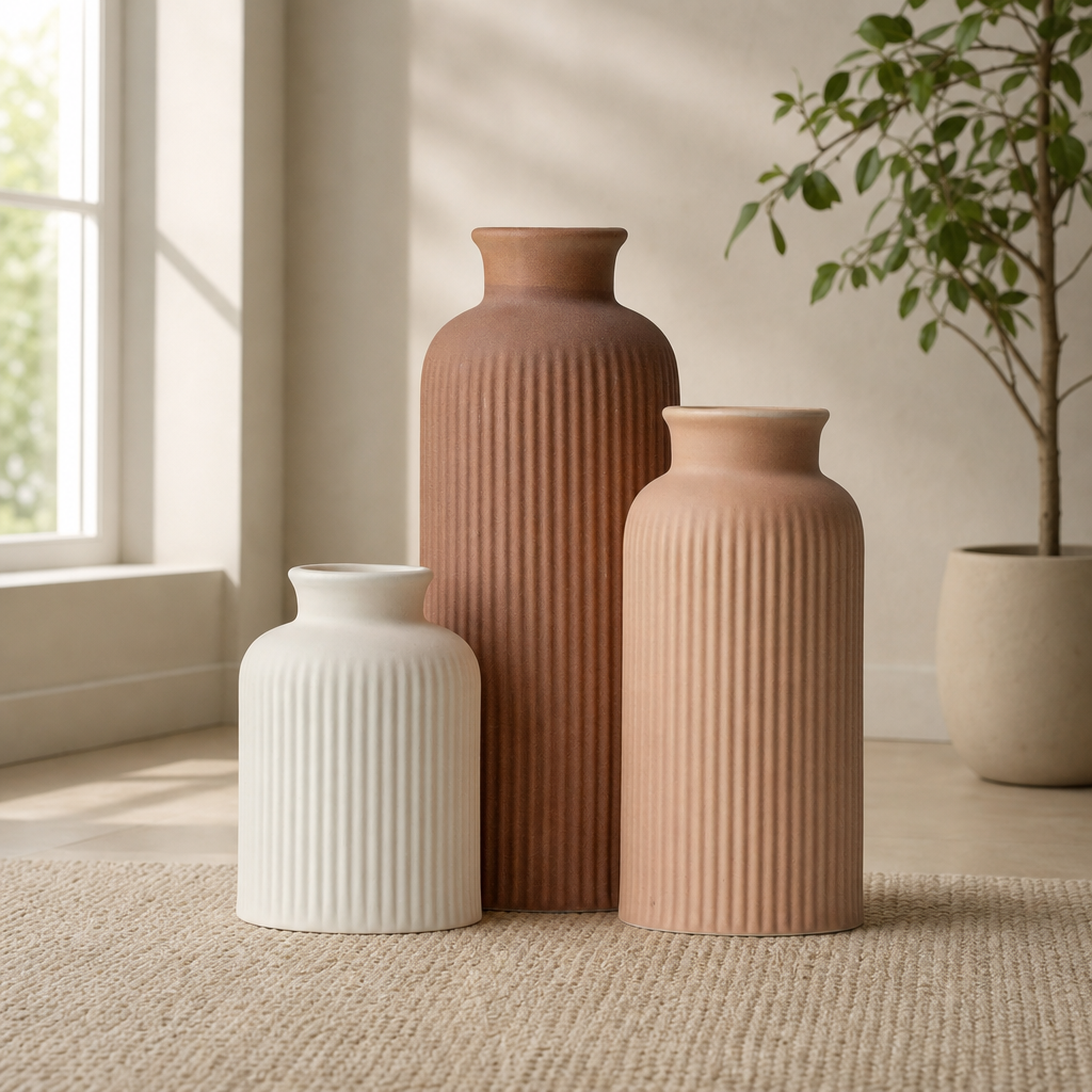 Ceramic 3-Piece Ribbed Vase Set — Matte Coffee Mix centered in a warm neutral furnished room