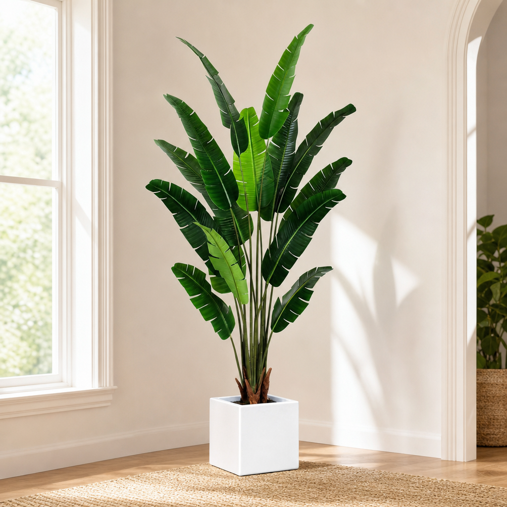 Artificial Bird of Paradise Tree — 7 ft, 14 Hand-Attached Silk Leaves, UV-Protecte centered in a warm neutral furnished room