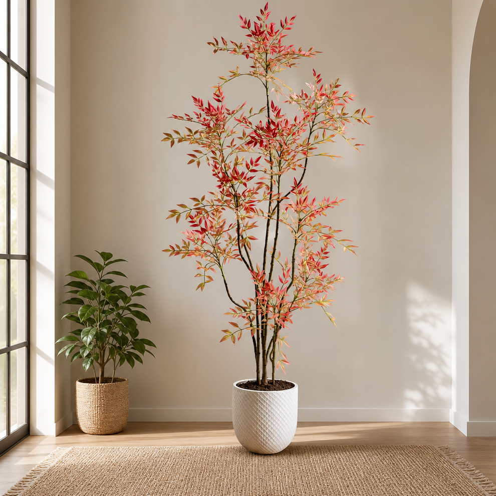 Faux Nandina Tree — 7 ft 2 in, Aged Bark Trunks, Triple-Density Foliage centered in a warm neutral furnished room