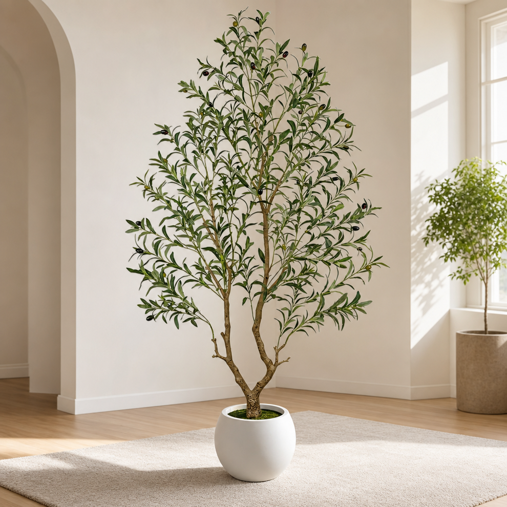Artificial Olive Tree 6ft — Silk-Blend Leaves, 26 Handcrafted Olives, White Weight centered in a warm neutral furnished room