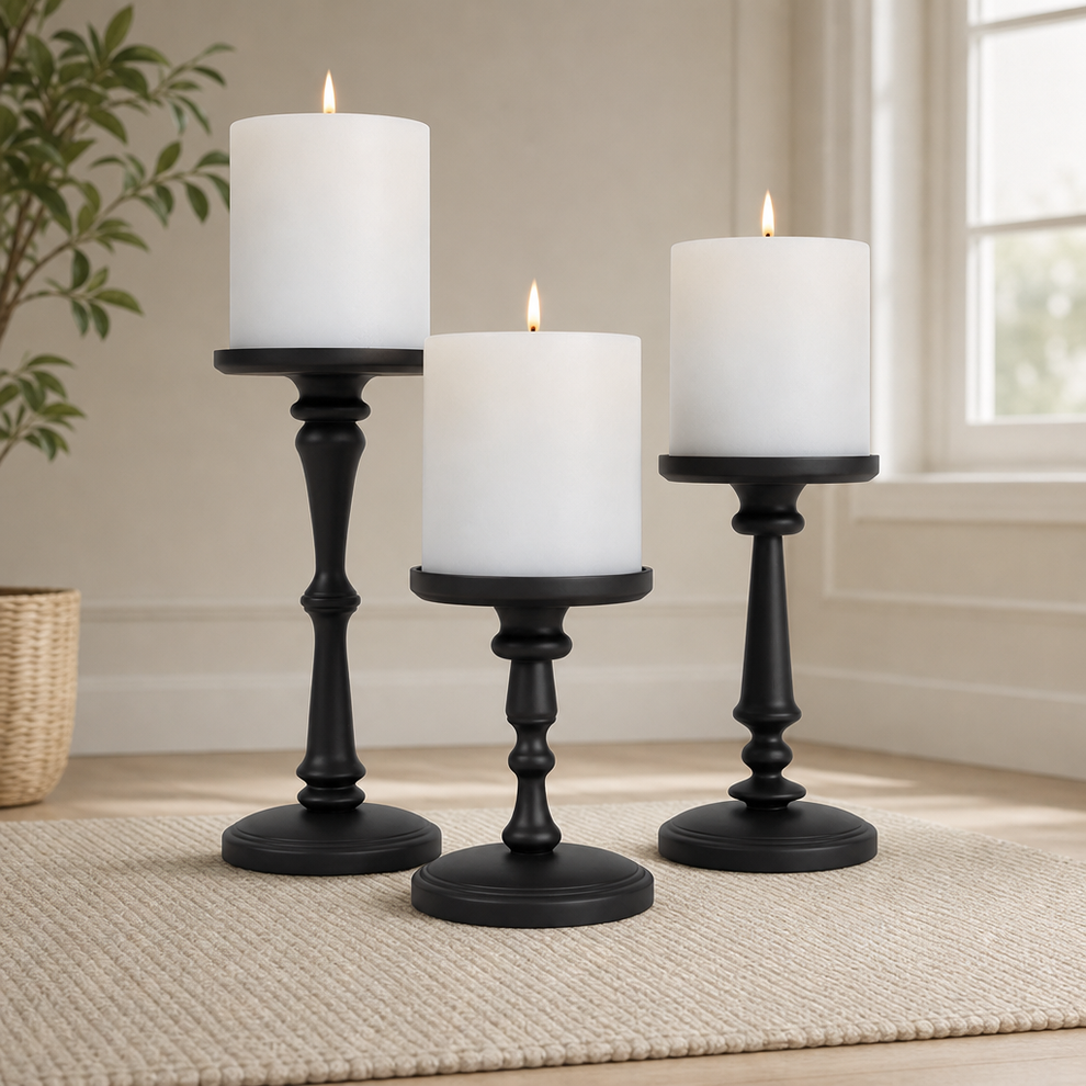 Pillar Candle Holders Set of 3 — Matte Black Metal, 6/8/10 in centered in a warm neutral furnished room