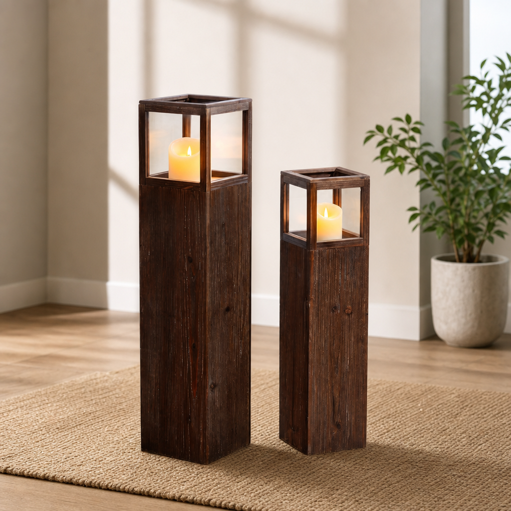 Floor Lantern Set — Solid Fir Distressed Finish, 33.5 in & 26.4 in centered in a warm neutral furnished room