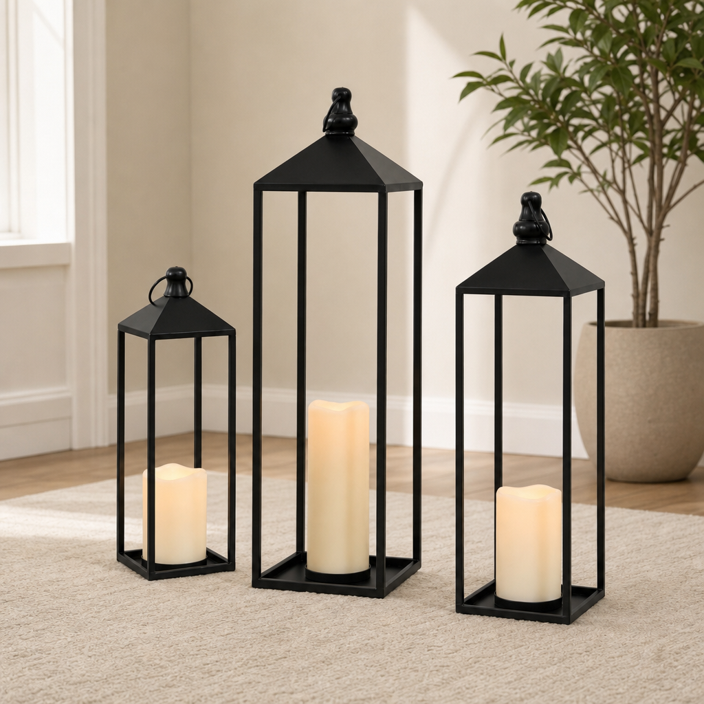 Metal Lantern Set with LED Flameless Candles, Black — 23 in, 19 in & 13 in centered in a warm neutral furnished room