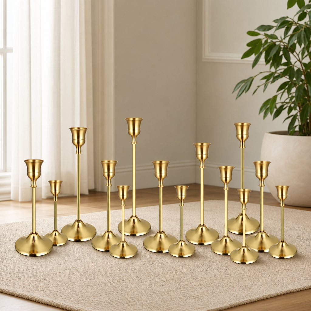 Vintage Metal Taper Candle Holder Set, Gold or Black centered in a warm neutral furnished room