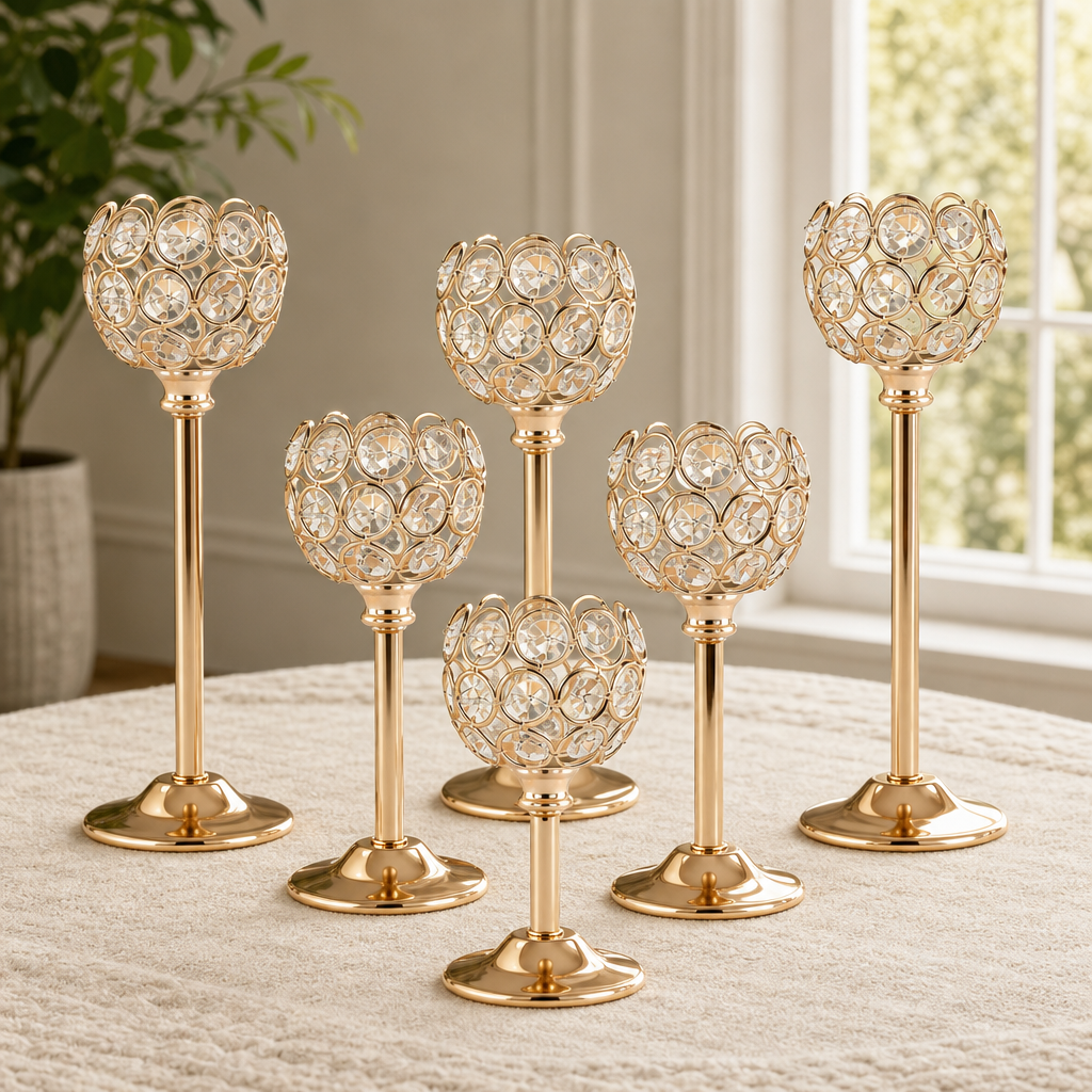 Crystal Tealight Holder Set — 3-Piece K9 Crystal, Gold Electroplated Metal centered in a warm neutral furnished room