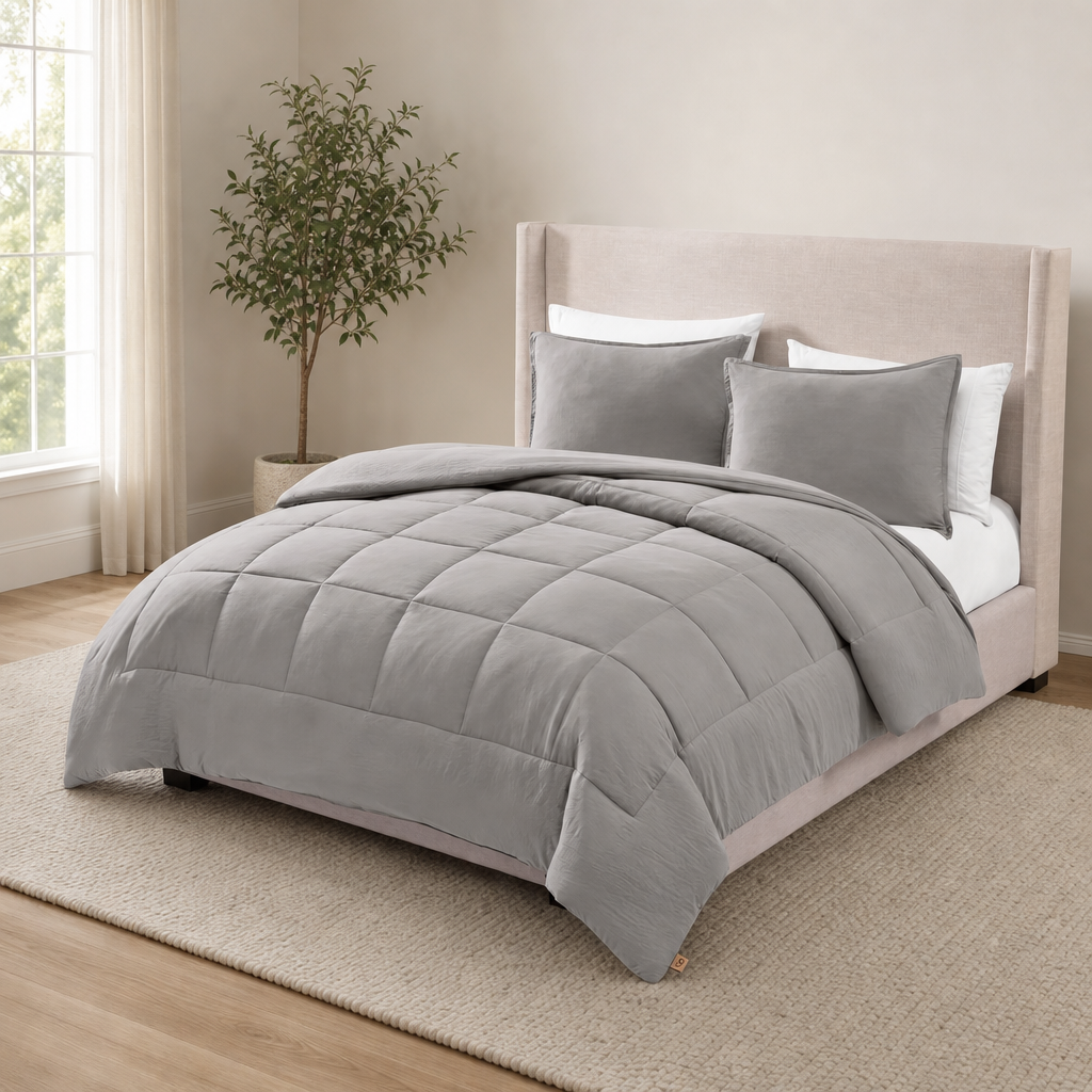 Light grey box-stitched comforter and two matching shams on an upholstered bed, angled front bedroom view