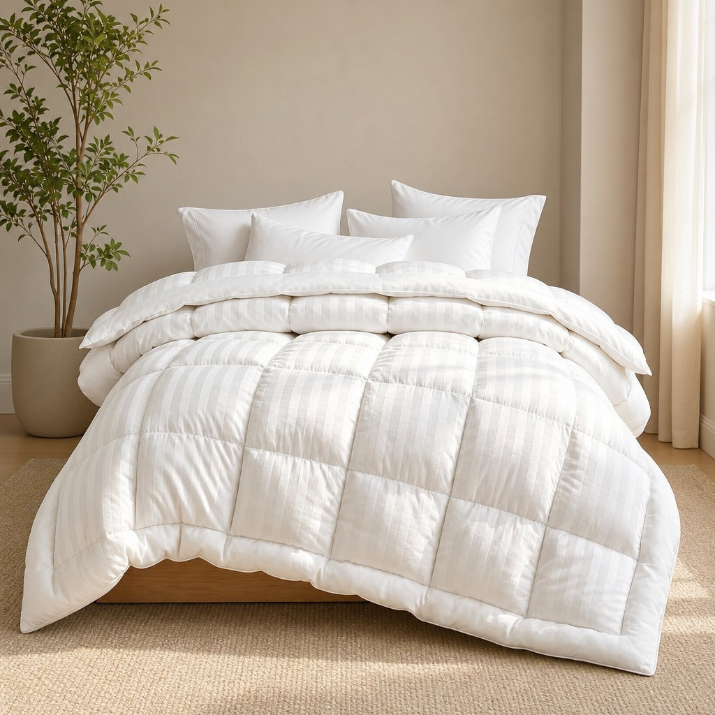Comforter Duvet Insert — Queen, 100% Cotton Cover, Down-Alternative, Hypoallergeni centered in a warm neutral furnished room