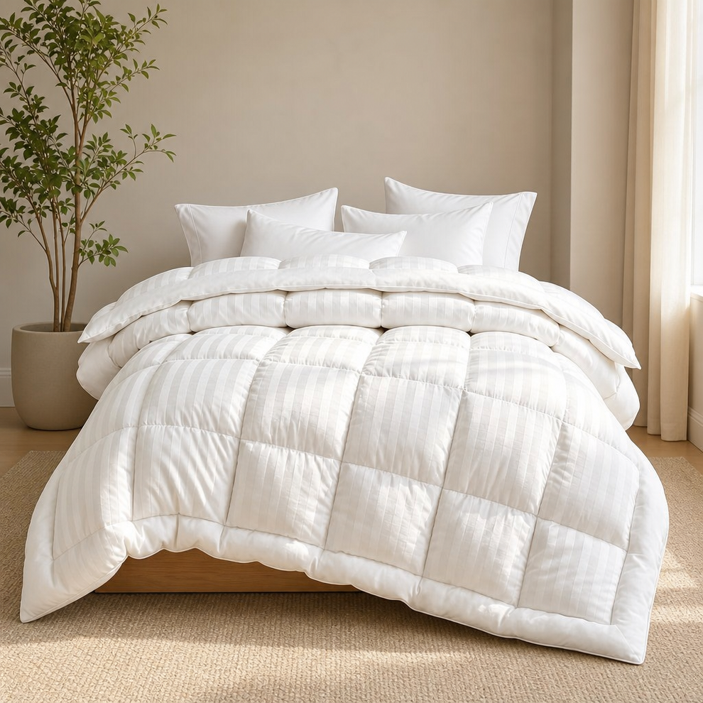 Comforter Duvet Insert — Queen, 100% Cotton Cover, Down-Alternative, Hypoallergeni centered in a warm neutral furnished room