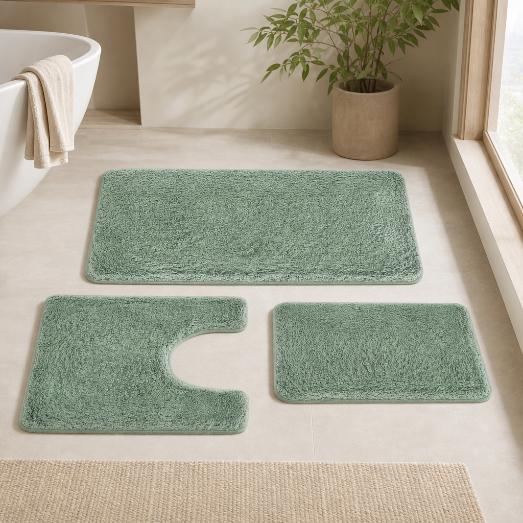 3-Piece Microfiber Bath Rug Set with U-Shaped Contour Rug centered in a warm neutral furnished room