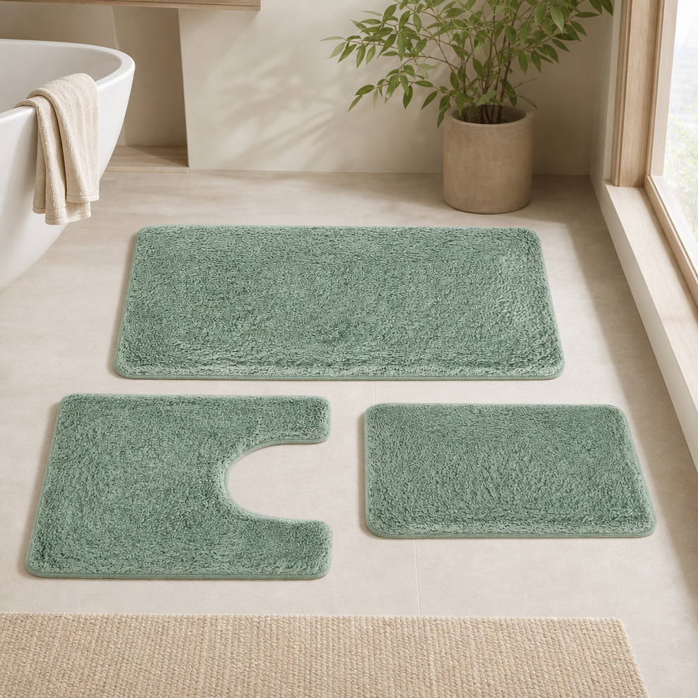 3-Piece Microfiber Bath Rug Set with U-Shaped Contour Rug centered in a warm neutral furnished room