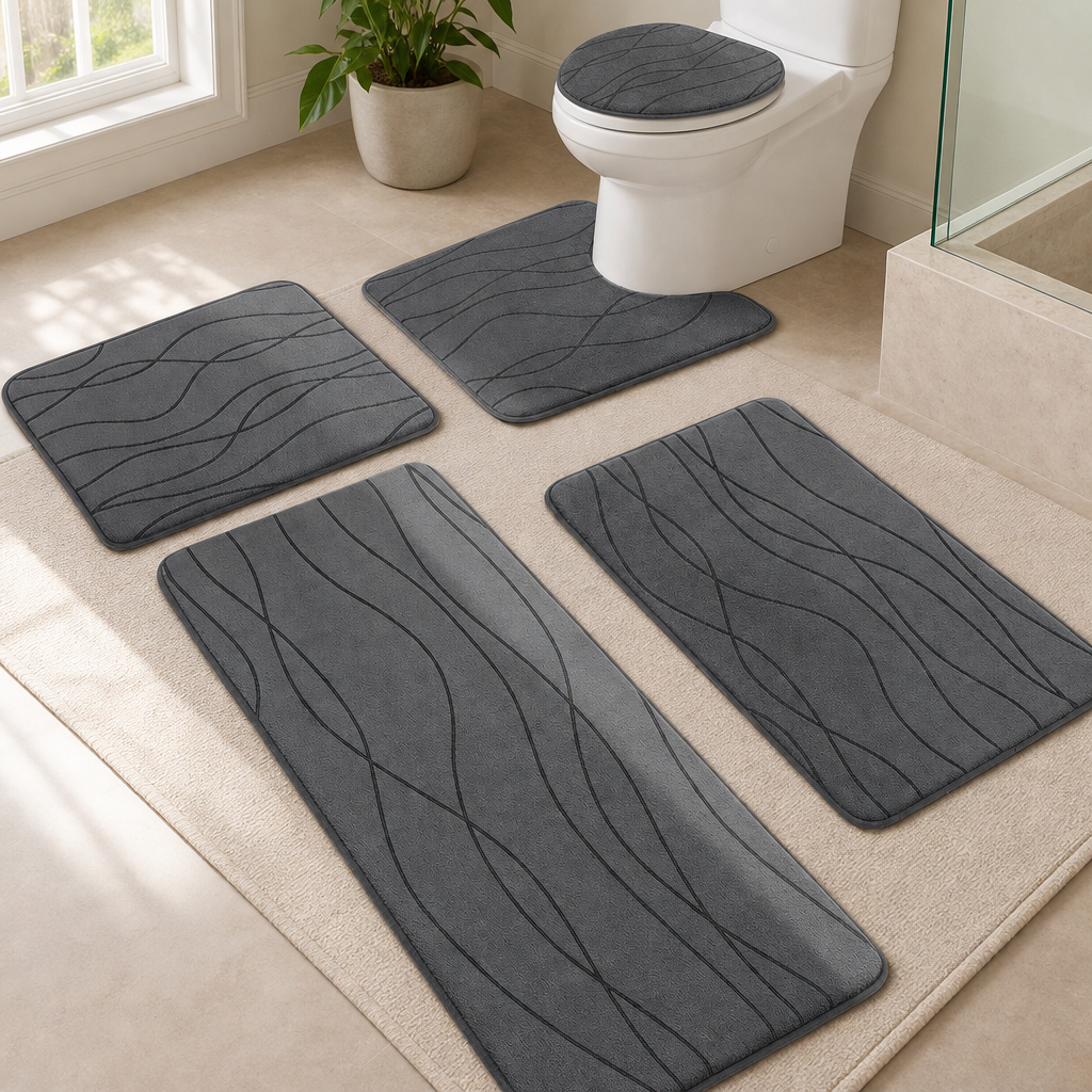 Dark grey five-piece bathroom rug set arranged on tile floor with toilet and shower visible, angled top-down view