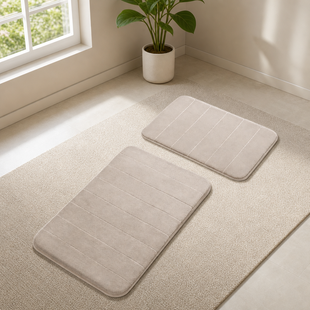 Beige 2-piece bath rugs on a light beige area rug near a sunlit window and potted plant, angled top view
